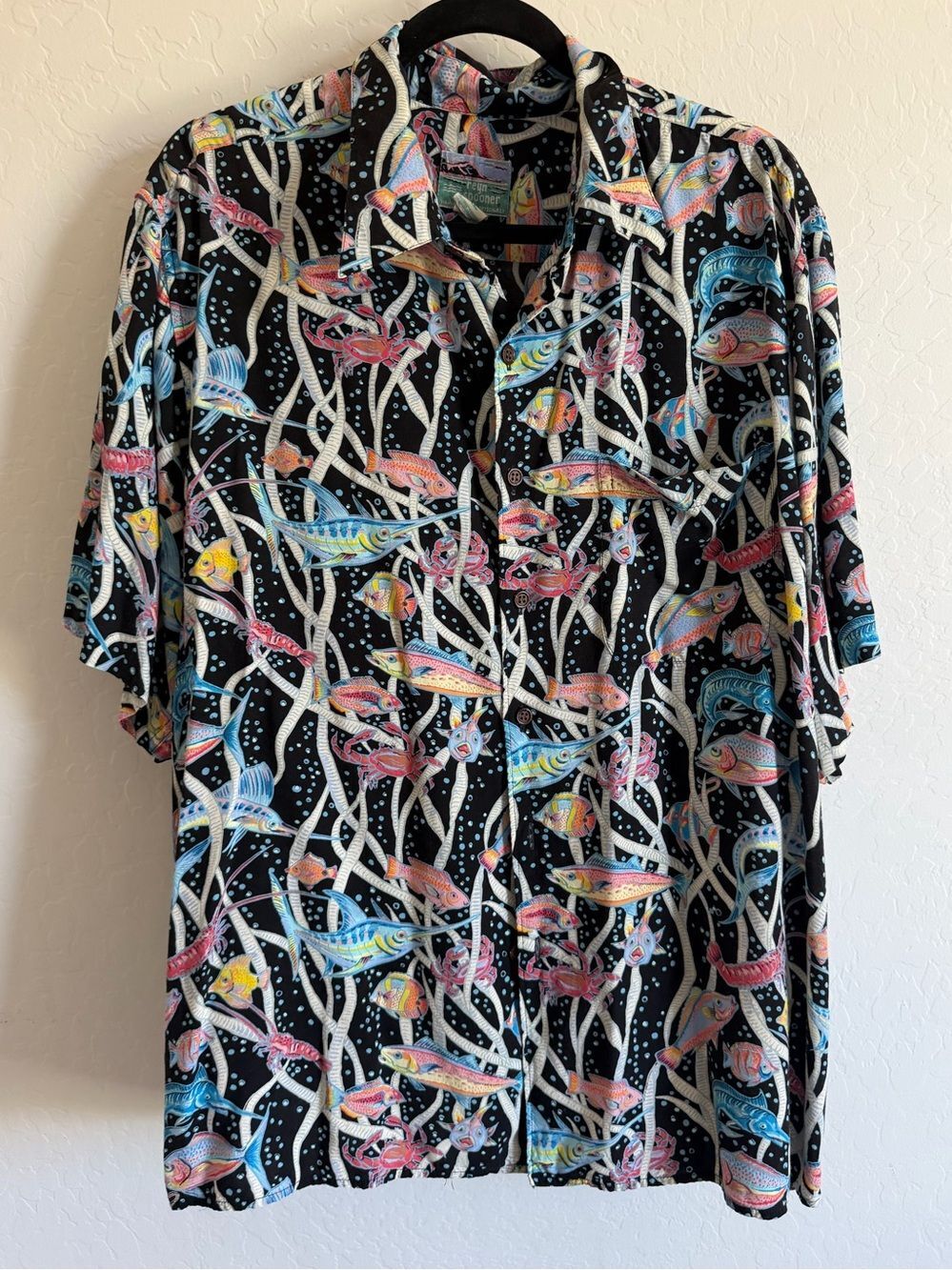 Reyn Spooner Hawaiian Shirt Vintage Sea Life Fish Crab Swordfish Coral Black XL